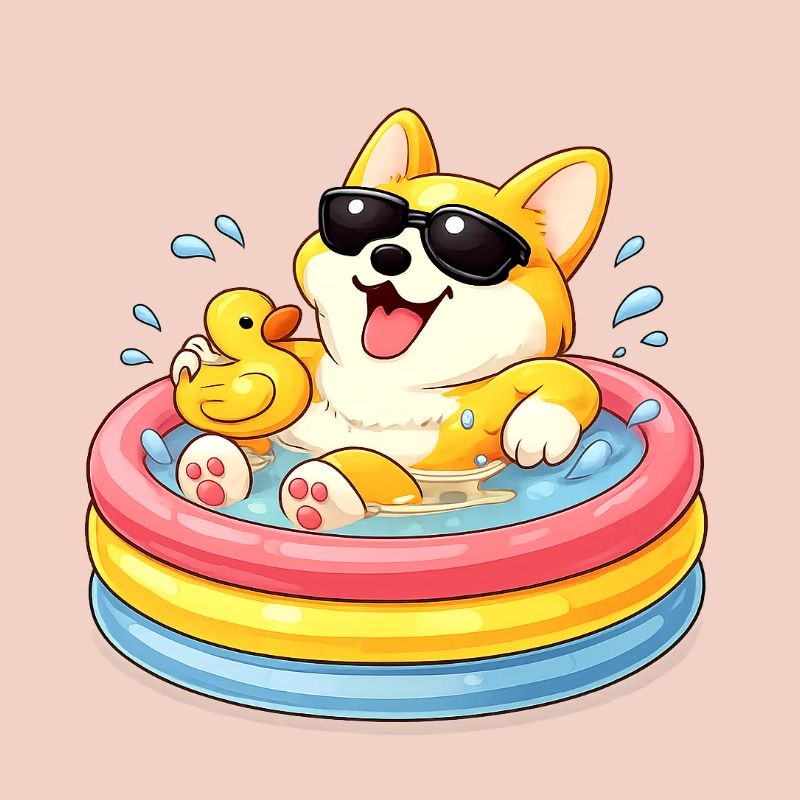 Corgi im Pool mit Sonnenbrille