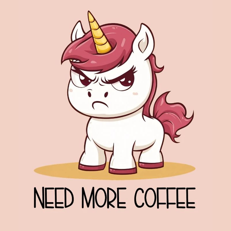 Need More Coffee – Beleidigtes Einhorn Cartoon