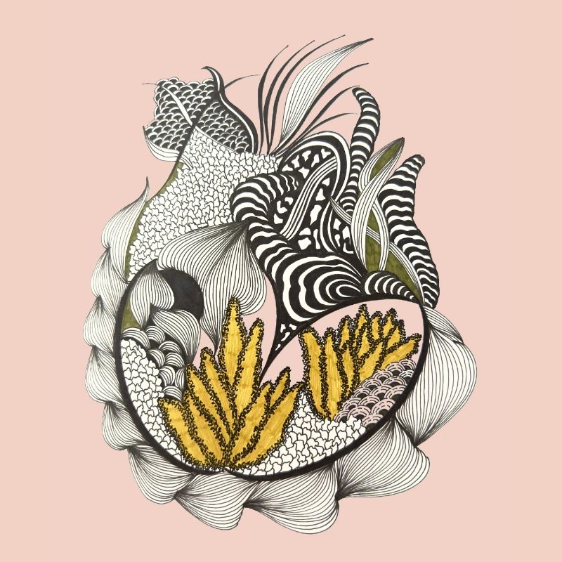Black and White Leaf Pattern Yellow Accent