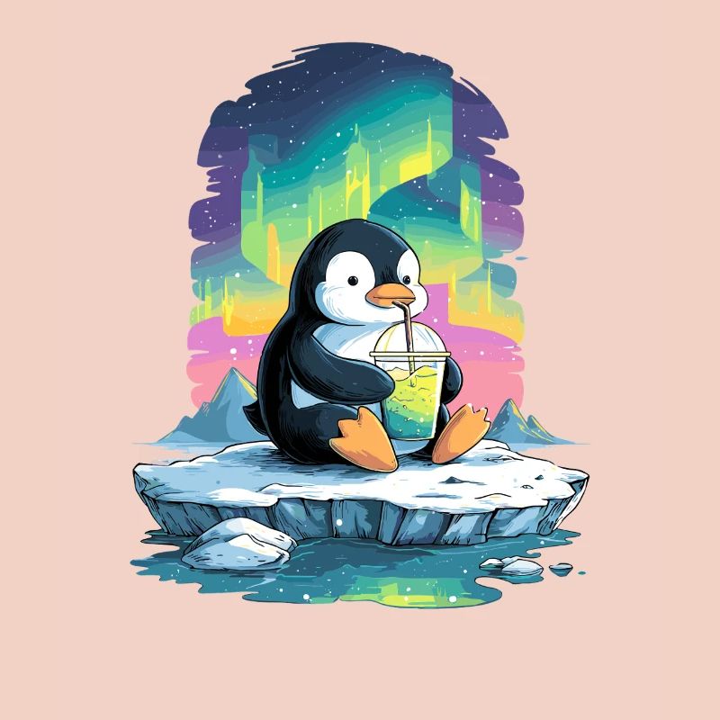 Pinguin am Eis mit Neon-Aurora