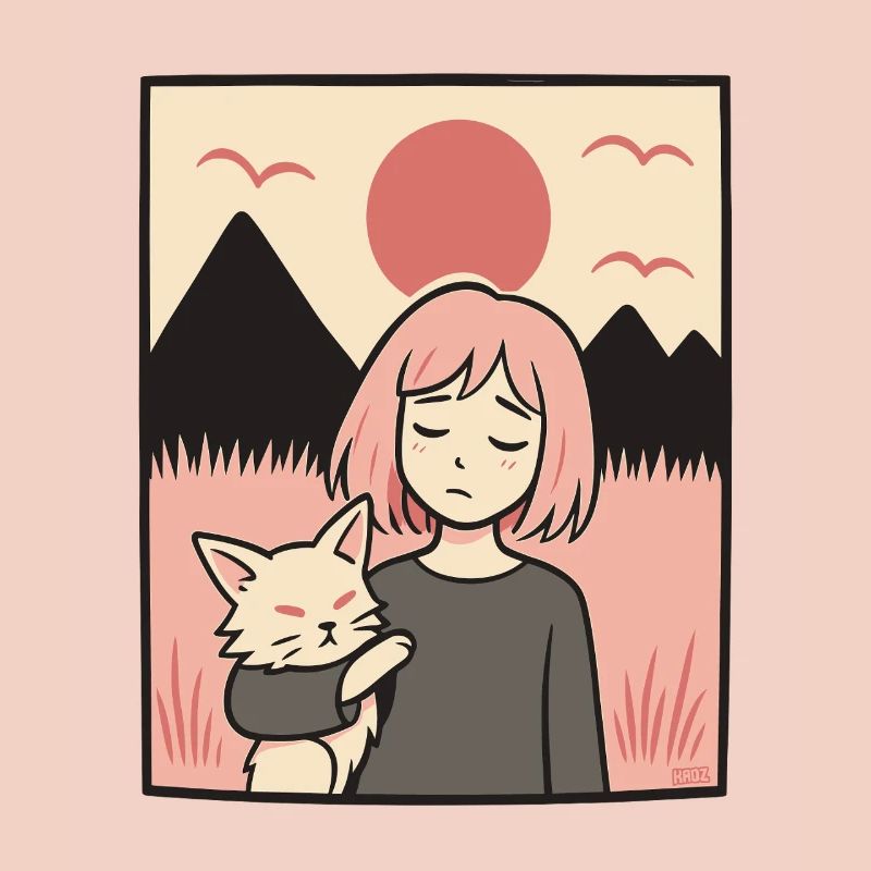 Mädchen mit Katze vor Bergen