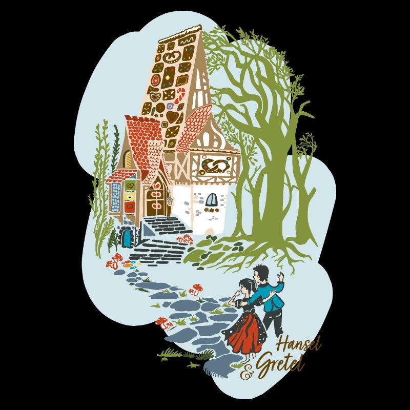 Hansel et Gretel devant la maison de la sorcière