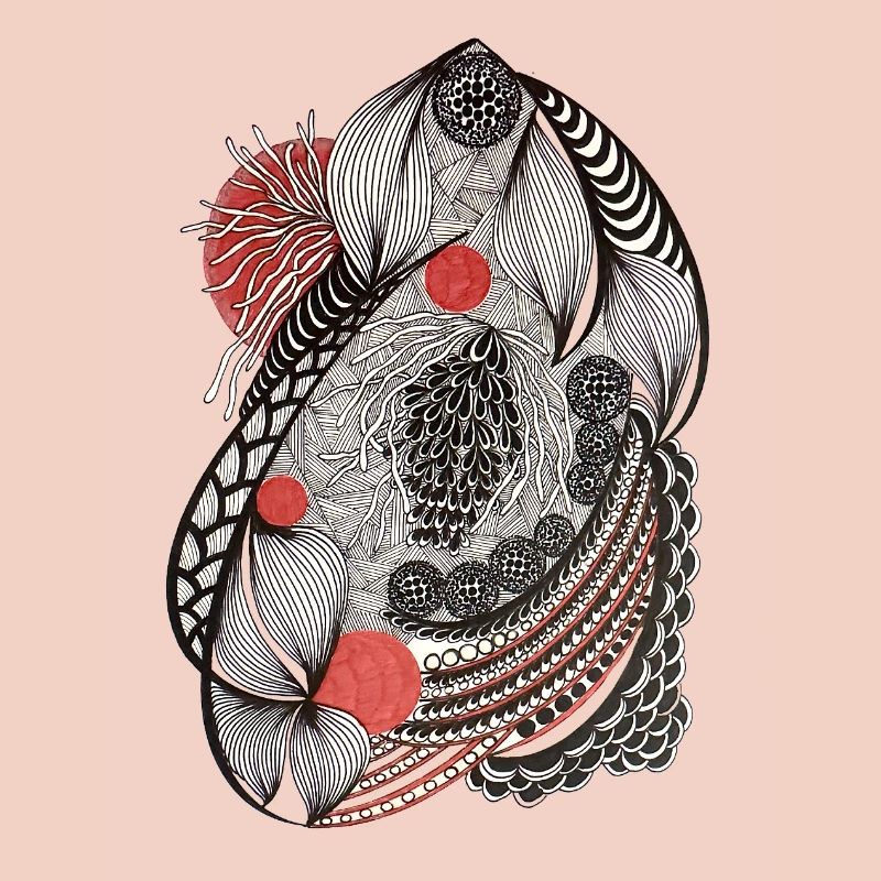 Line flowers pattern with red accent