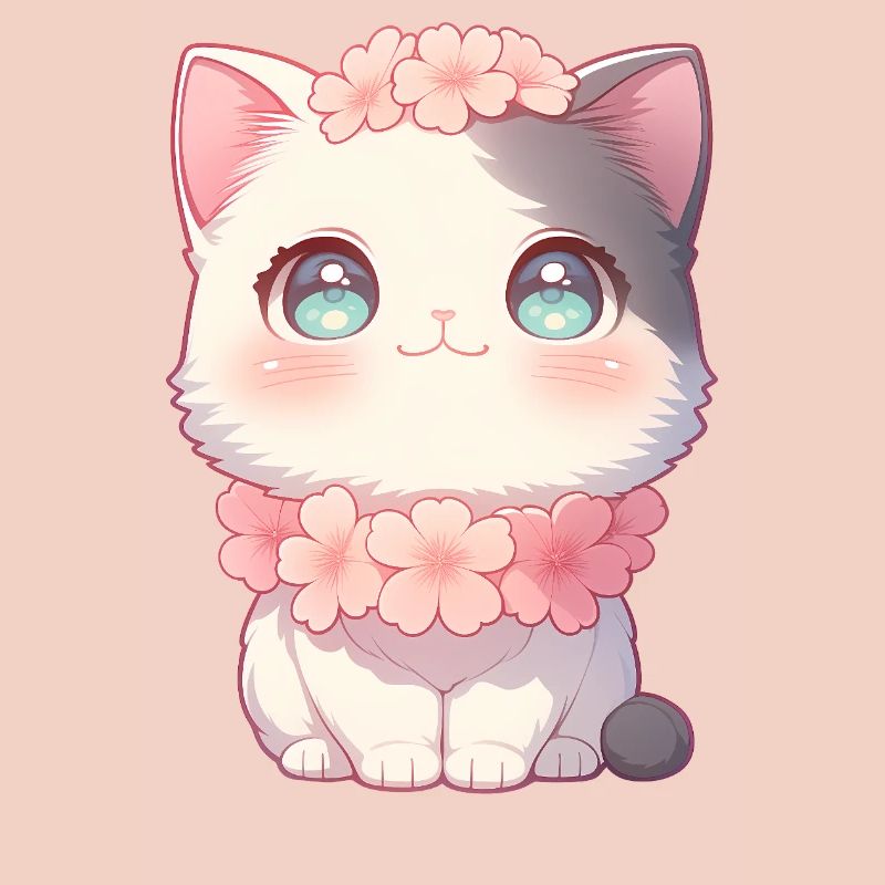 Couronne de fleurs de sakura en chat blanc de Kawaii style chibi