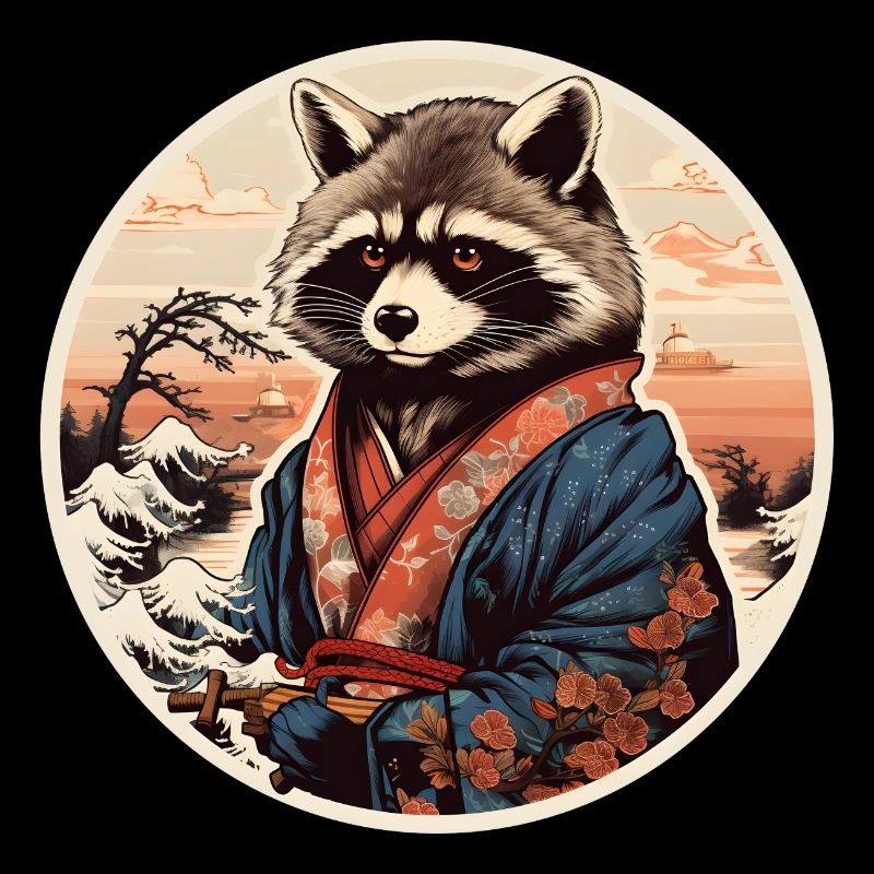 Raccoon Samurai in Kimono Sunset