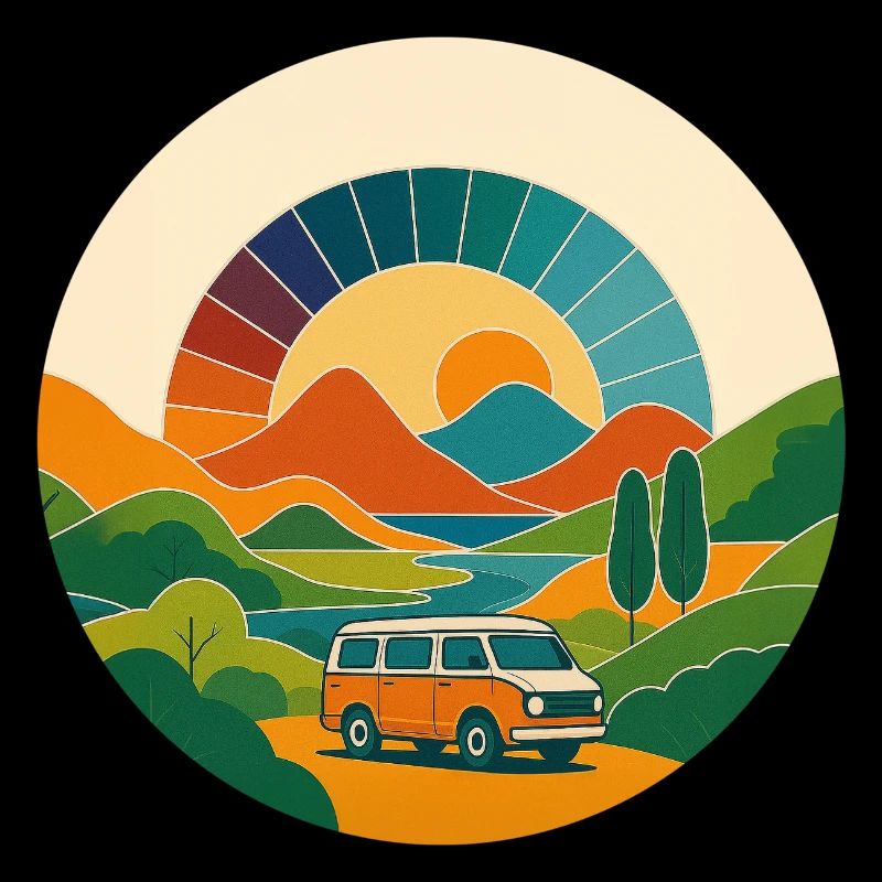 Retro Landschaft mit Van – Reise im Sonnenbogen