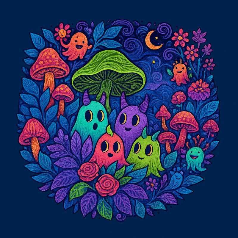 Amis monstres néons dans la forêt de champignons
