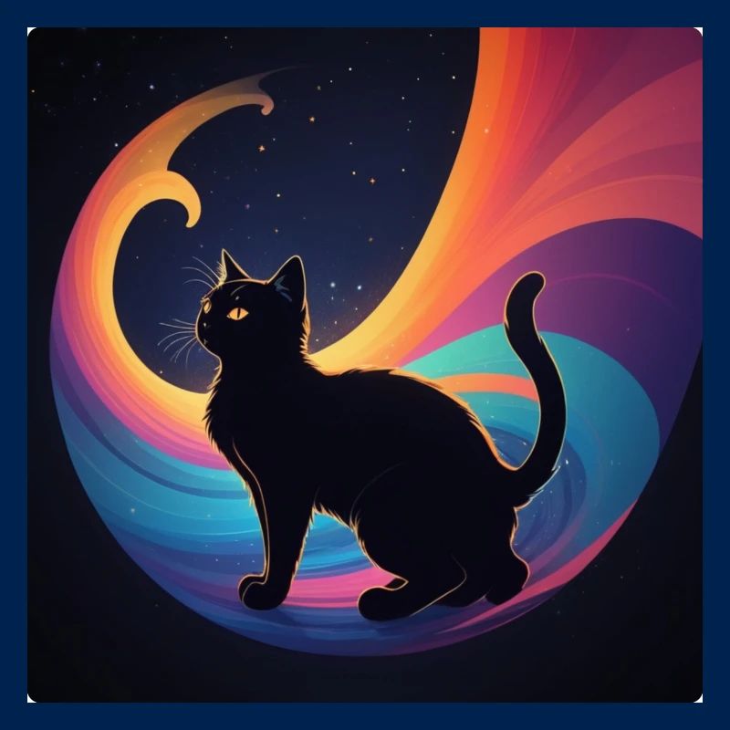 Schwarze Katze vor Regenbogenfarben