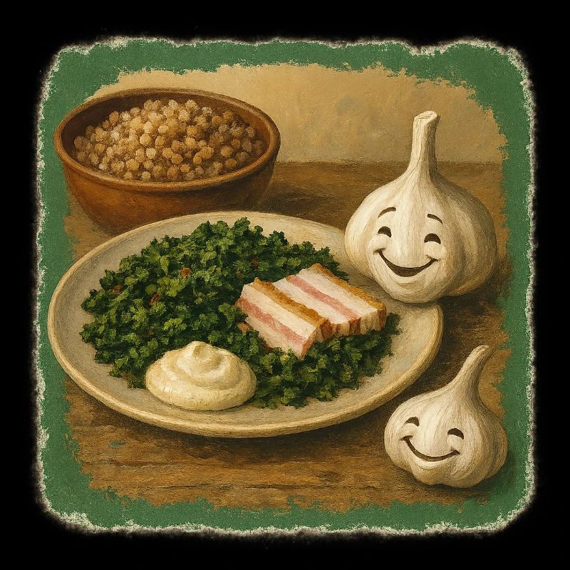 Smiling garlic with kale