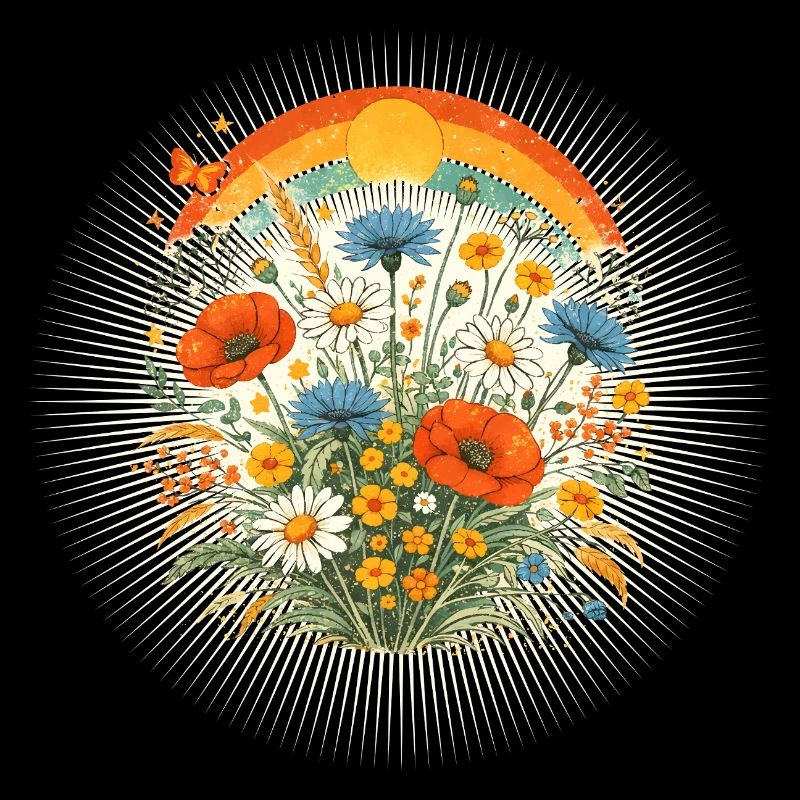 Bunte Wildblumen Retro Sonne Regenbogen Design 