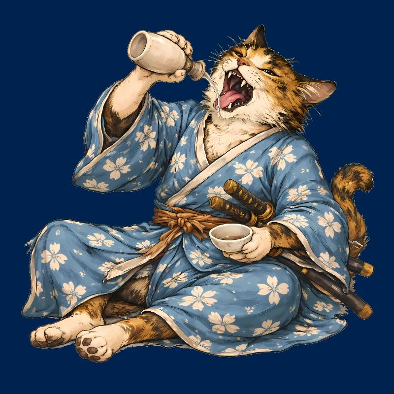 Samurai Cat Sake Japanese Ukiyo-e Style