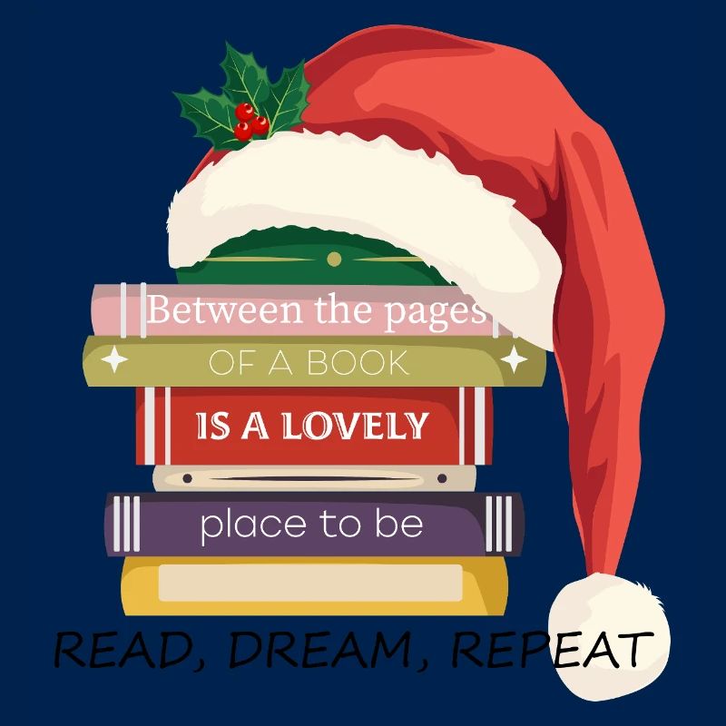 Book Stack with Christmas hat