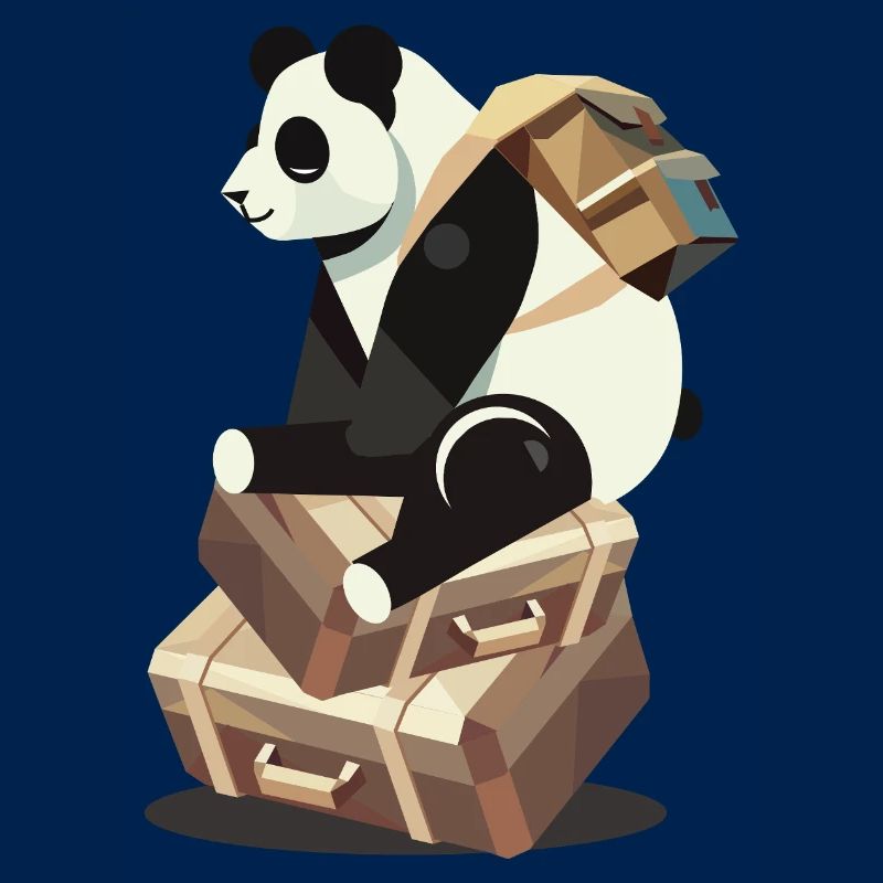 Panda sitting on suitcases, ready for new adventures