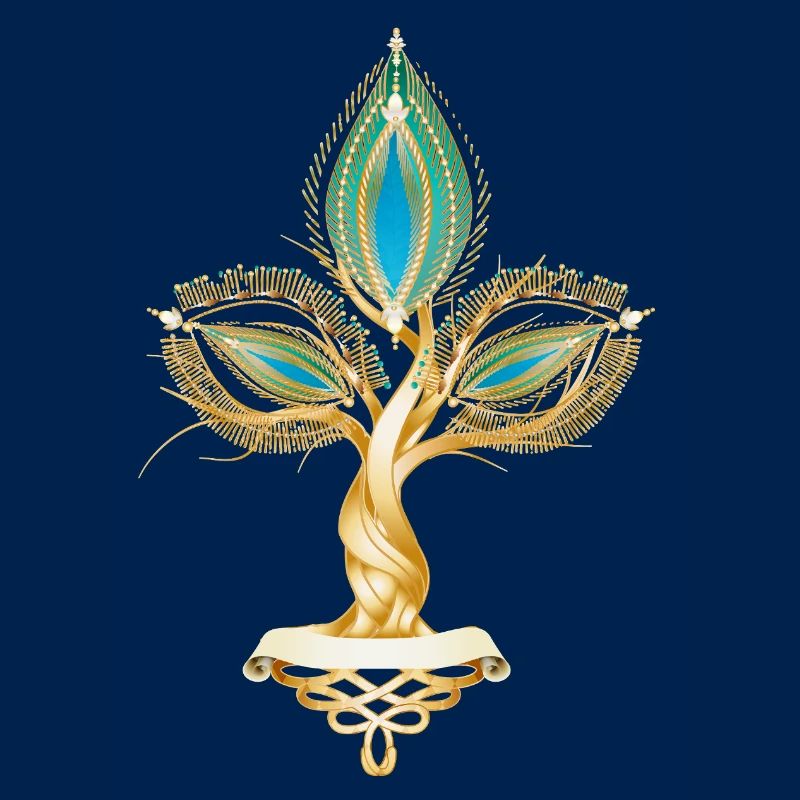 Gold-colored tree with oriental leaf ornament