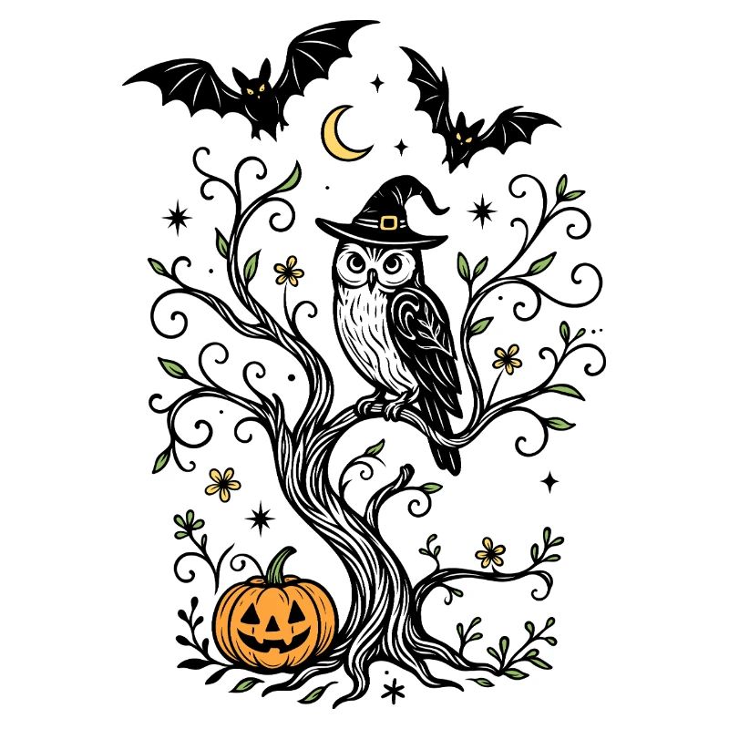 Hexeneule im Baum mit Kürbis - Halloween