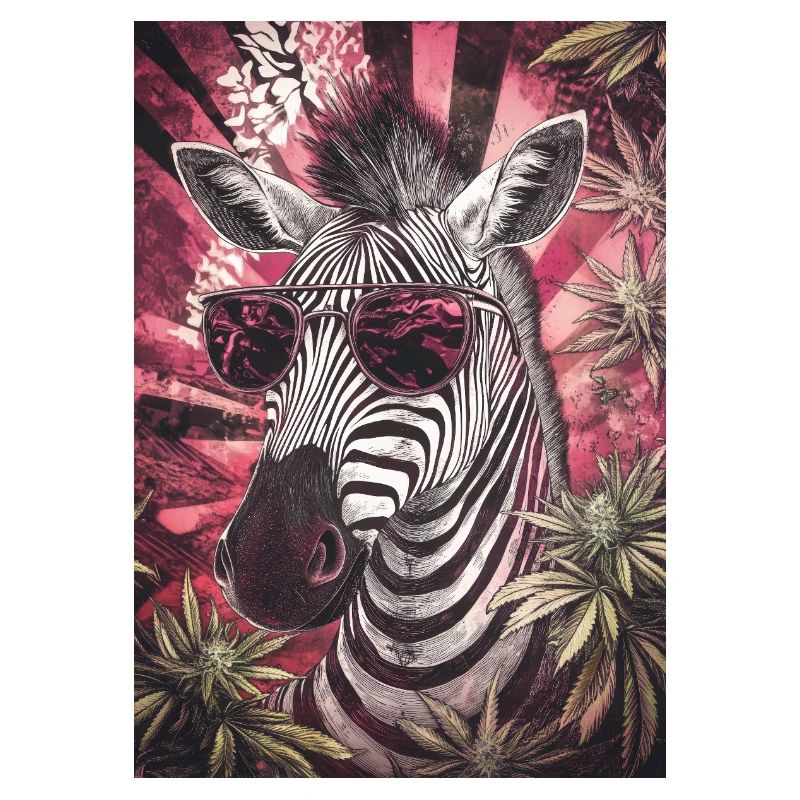 Zebra with sunglasses in cannabis psychedel
