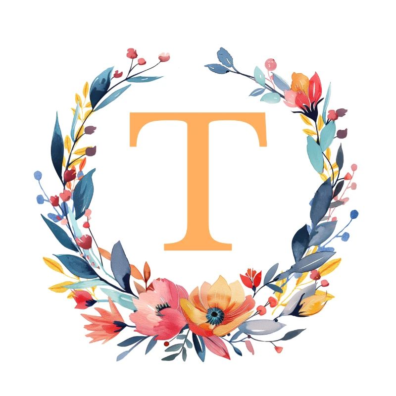 T Monogram, Flower Wreath, Personalizable