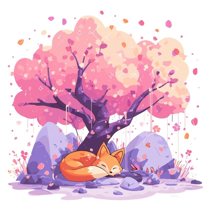 Sleeping fox under cherry tree