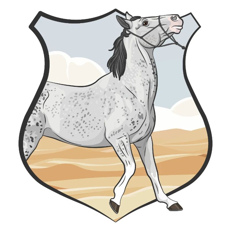Ein graues Pferd, ein Wappen und eine Wüste
