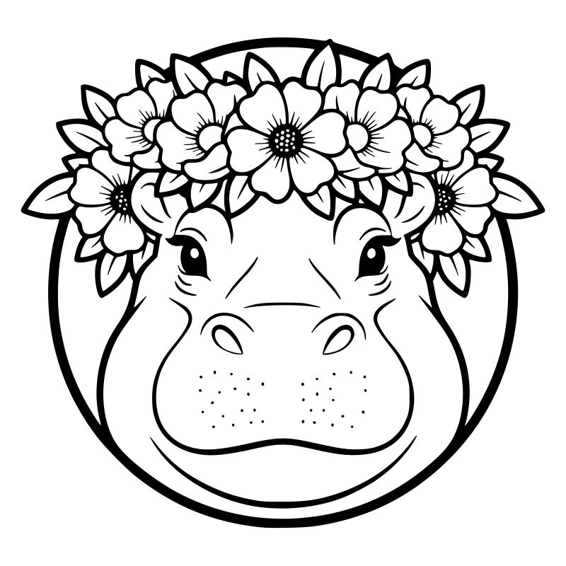Hippopotamus Floral Wreath Boho Outline Vector