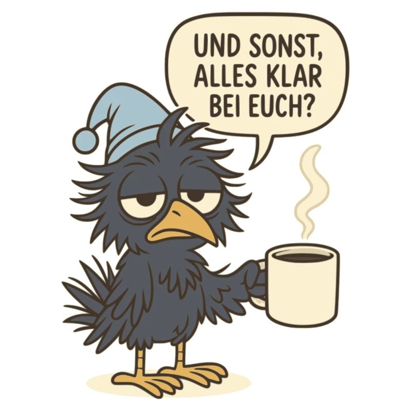 Grumpy corvid with coffee cup