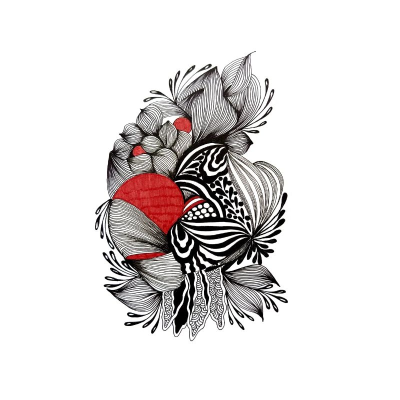 Black and white flowers with a red accent