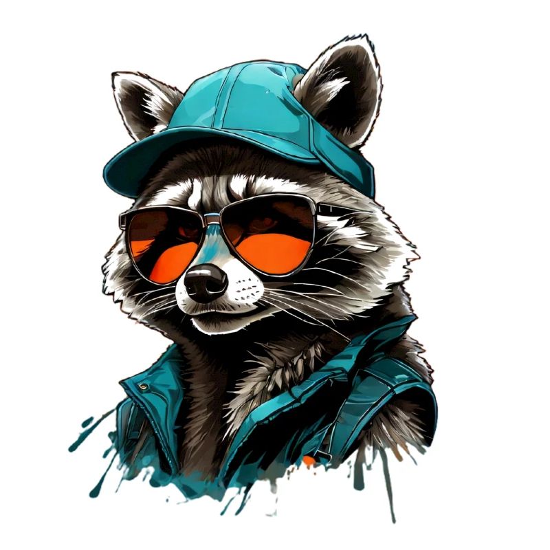 Cooler Waschbär mit Sonnenbrille und Cap