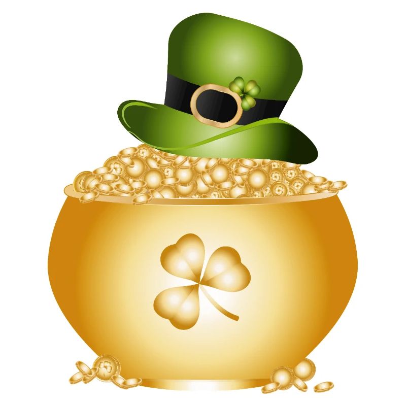 Pot doré avec trèfle et chapeau vert
