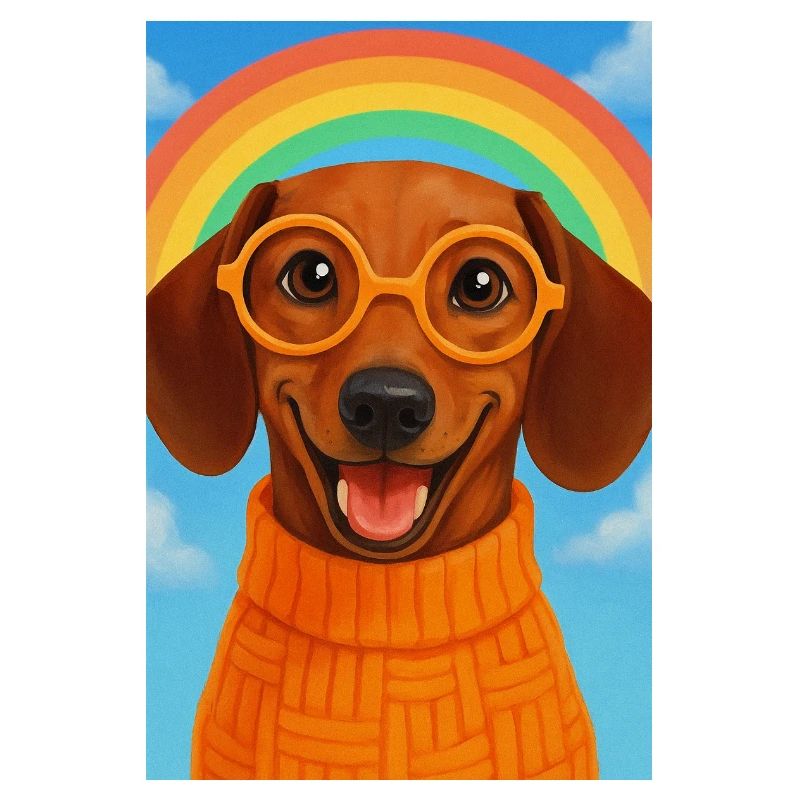 Glücklicher Hund mit Brille und Regenbogen