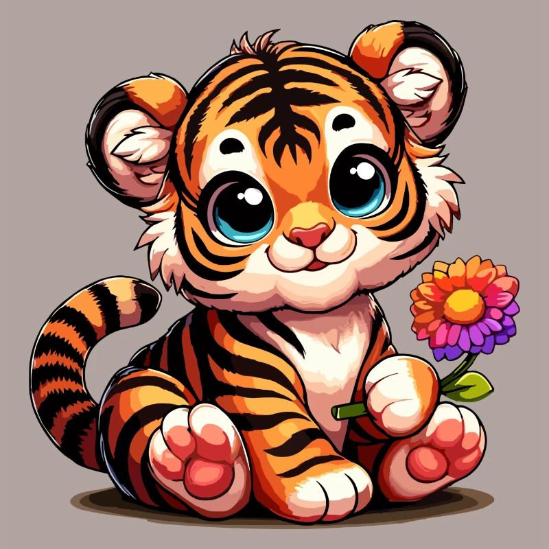 Bébé tigre mignon avec une fleur à la main