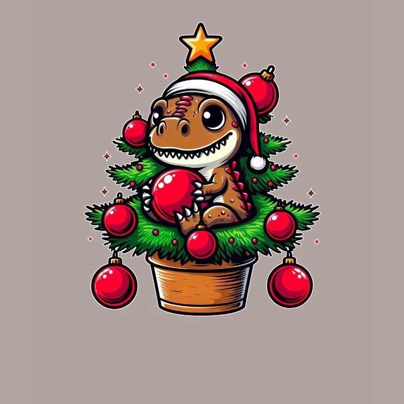 Cute T-Rex Dino Christmas Tree Comic Style