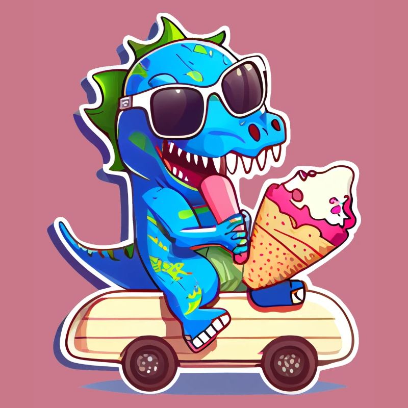 Dino Dinosaurier auf Skateboard der Eiscreme isst