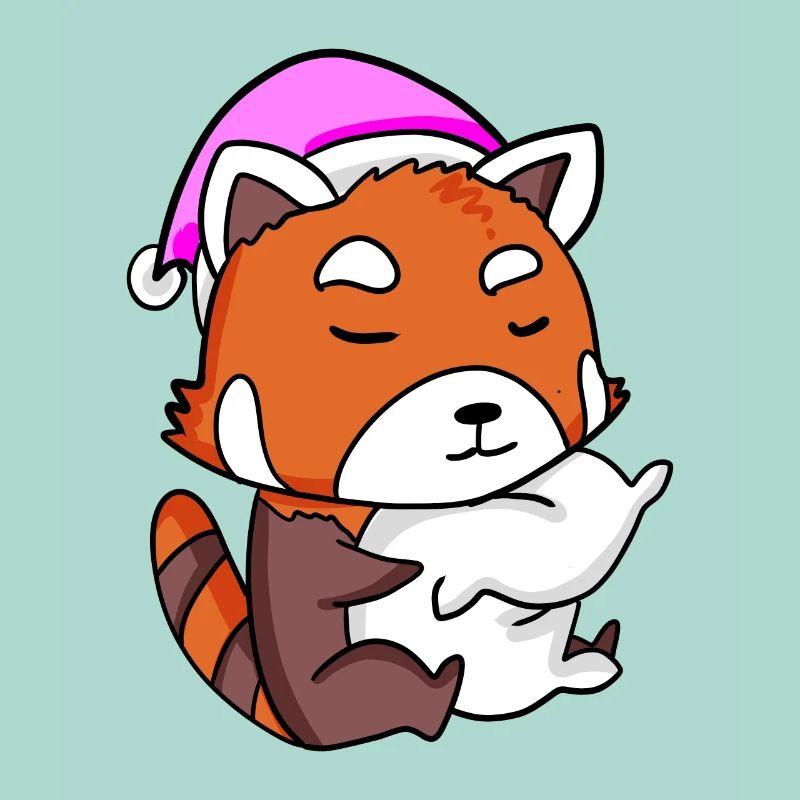 red panda with pillow and sleeping cap