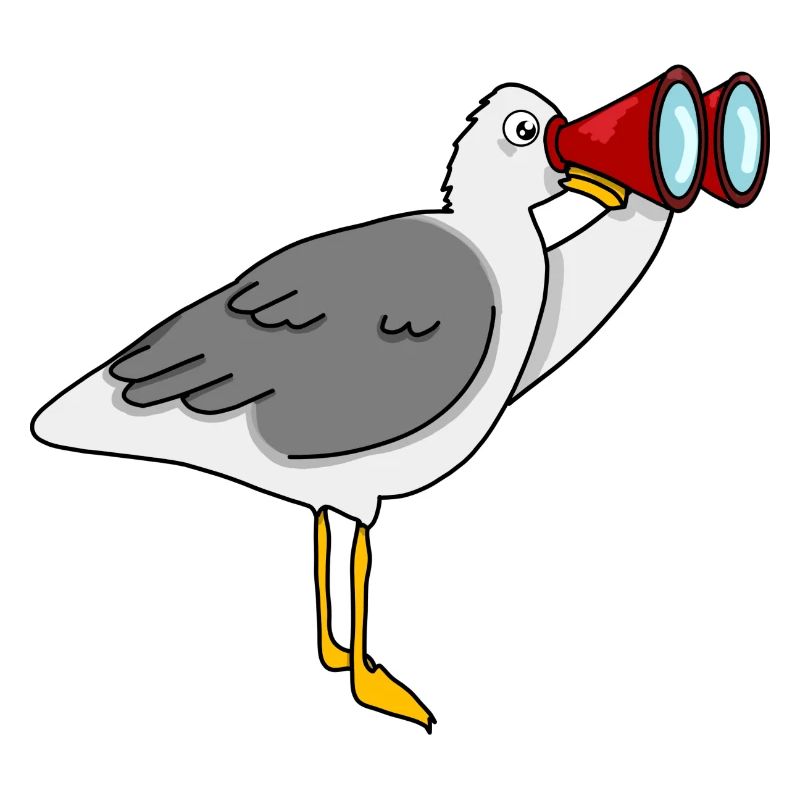Möwe mit Fernglas schaut nach Fischbrötchen