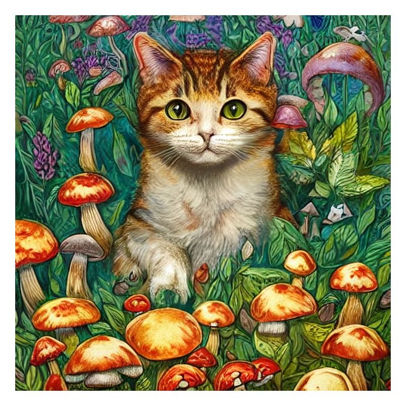 Chat mignon dans un champ de champignons