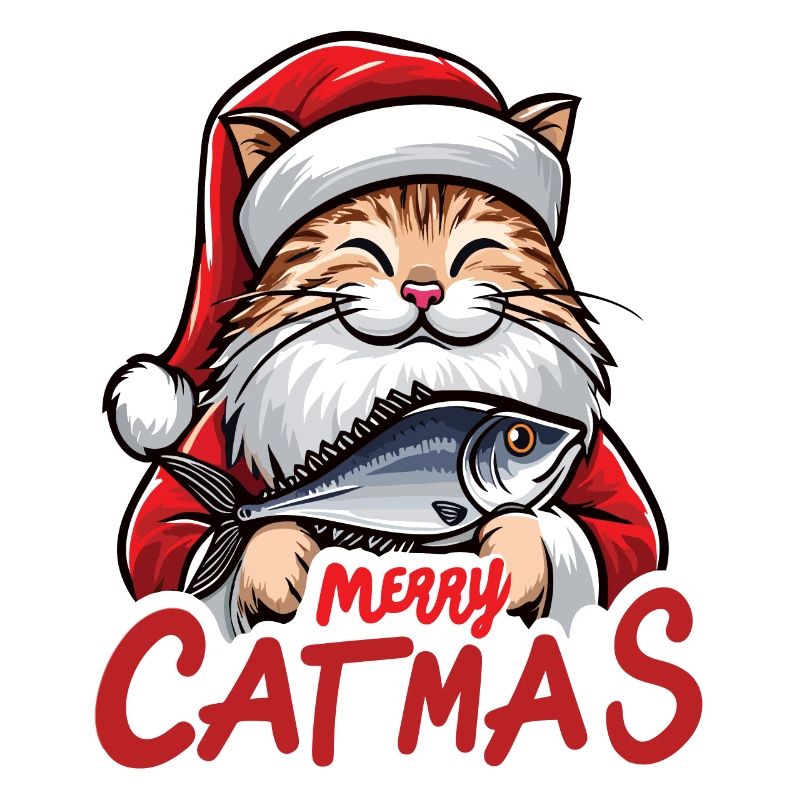 Fette Katze als Weihnachtsmann mit Thunfisch, Merry Catmas