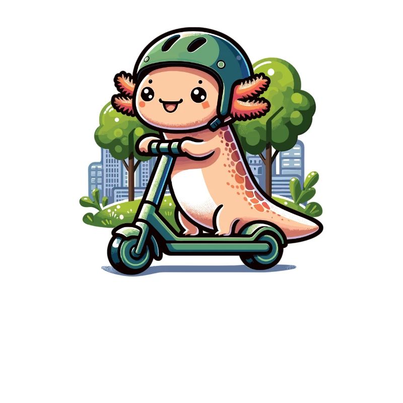 Axolotl fährt E-Roller durch die Stadt Roller