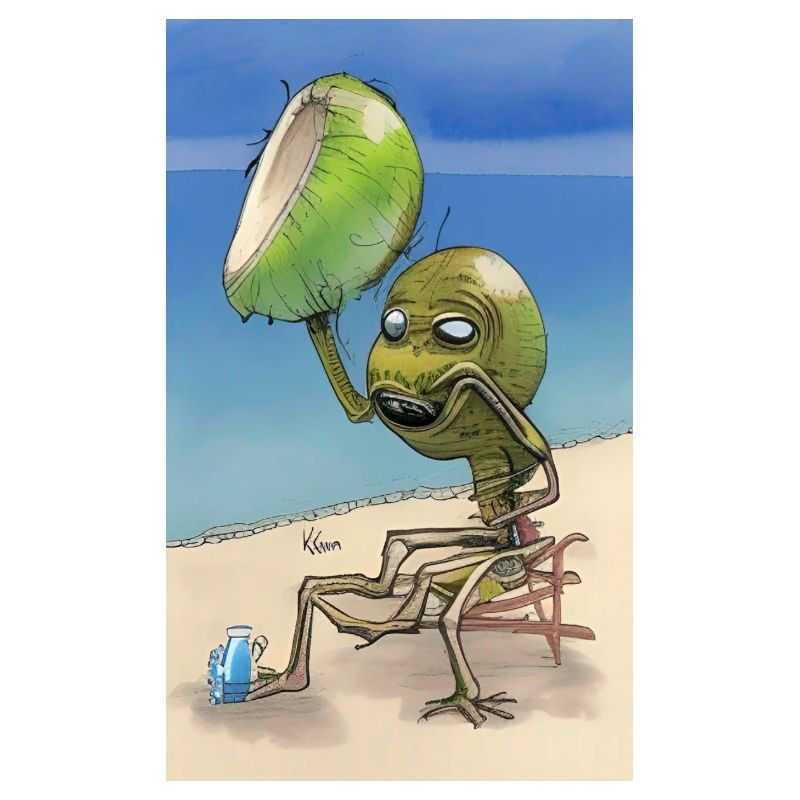 Crazy Comic Alien on a beach with a space coconut