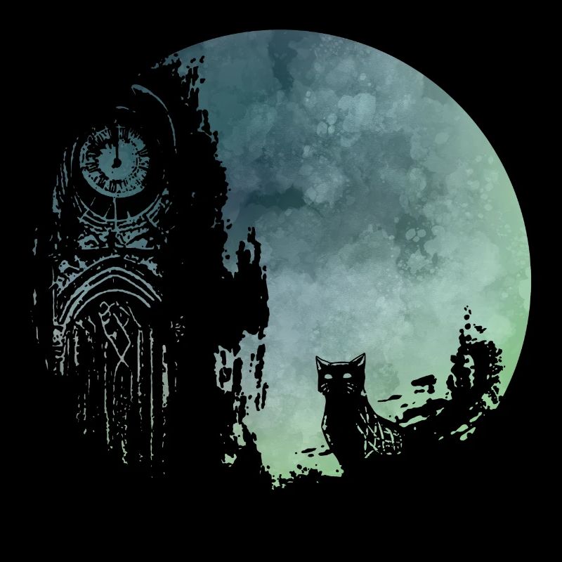 Old clock tower with cat (green-blue)