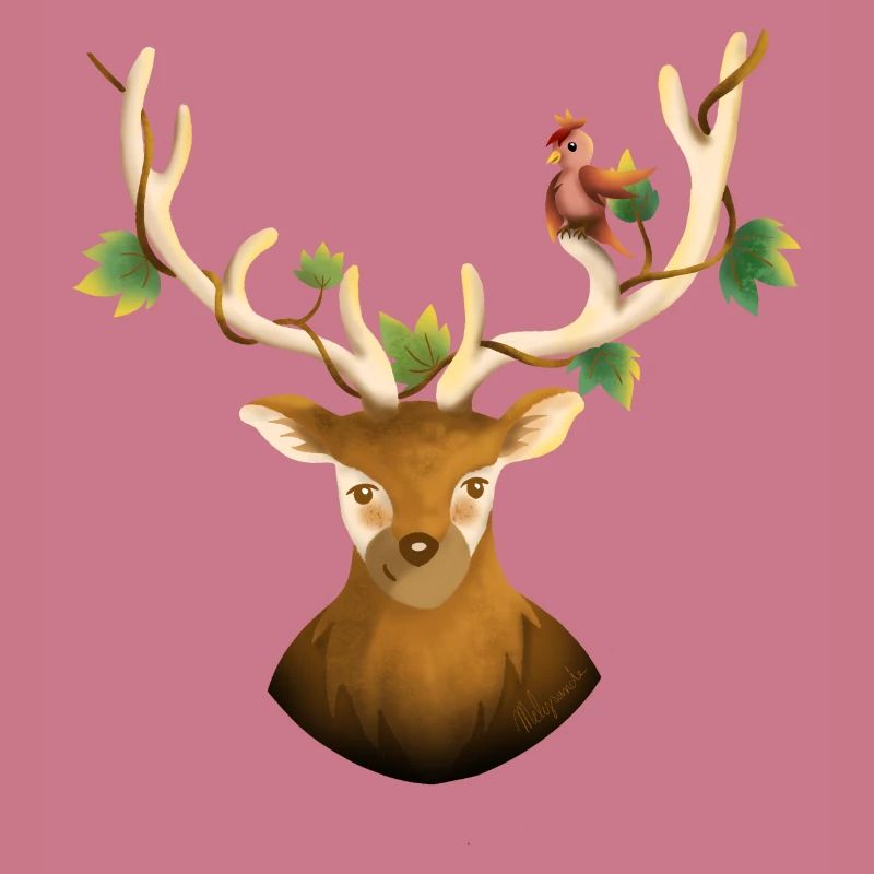 Hirsch oder Waldrentier mit Vogel und Efeu