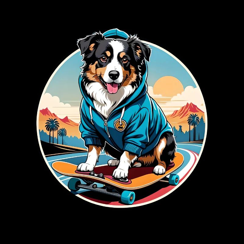 Chien de berger australien faisant du skateboard dans un sweat à capuche