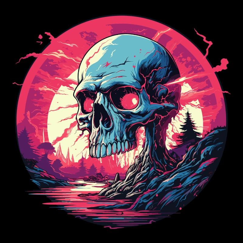 Surreal Retro Cyber Skull Synthwave Sunset