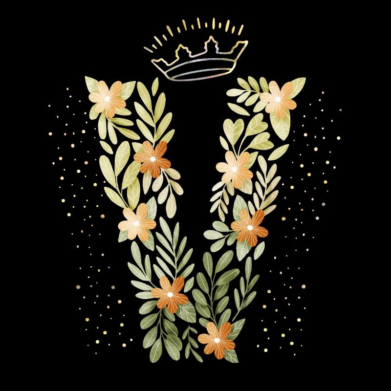 Monogramm Buchstabe V mit Krone, florales Ornament