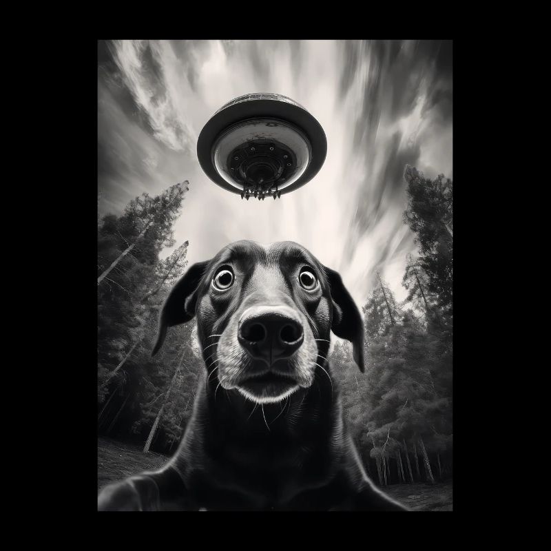 Selfie drôle de chien Labrador avec UFO classique Science-fiction