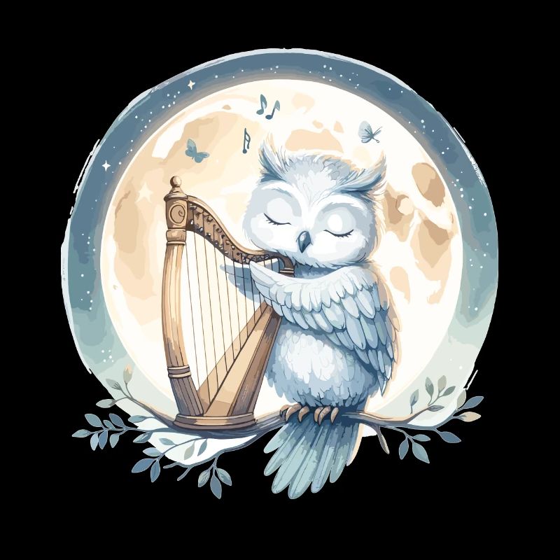 Eule spielt Harfe im Mondschein