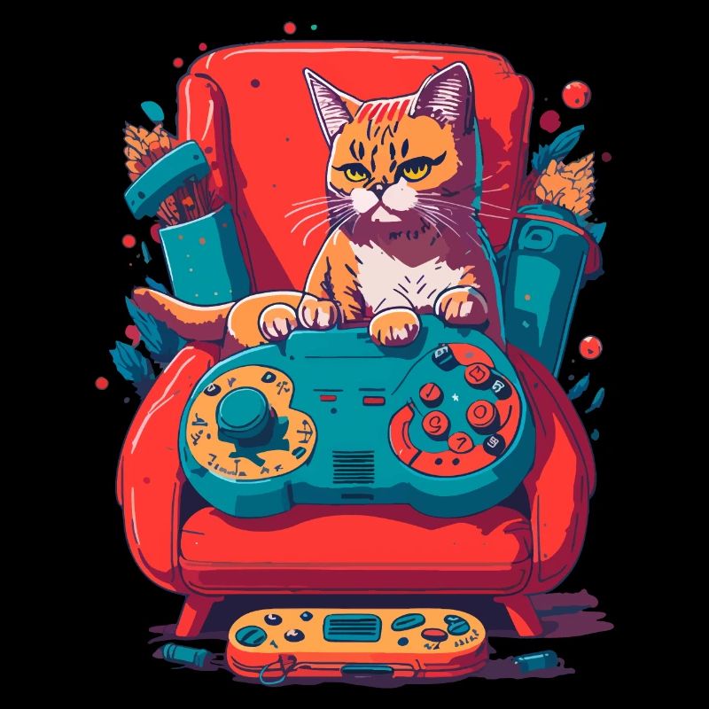 Illustartion einer Katze mit Gamepad auf der Couch