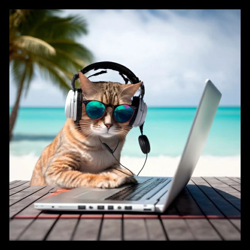 cool cat on a laptop at the beach