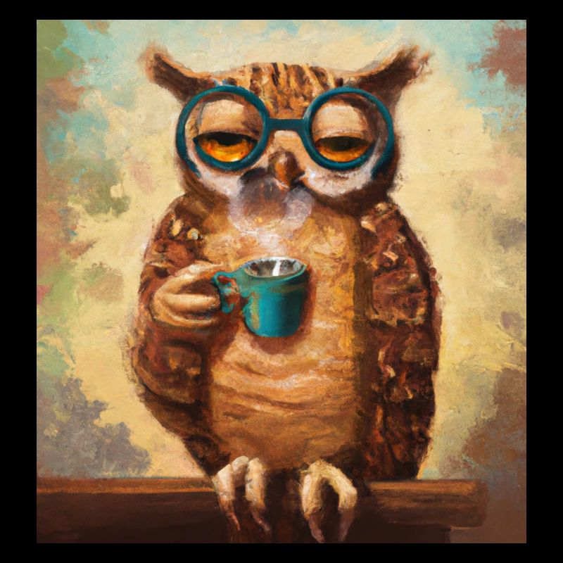 Eule mit Tasse trinkt Kaffee