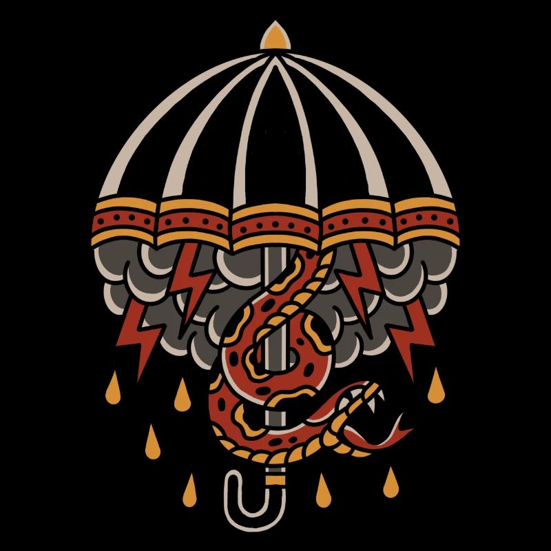 Old school tattoo umbrella, thunder cloud, snake
