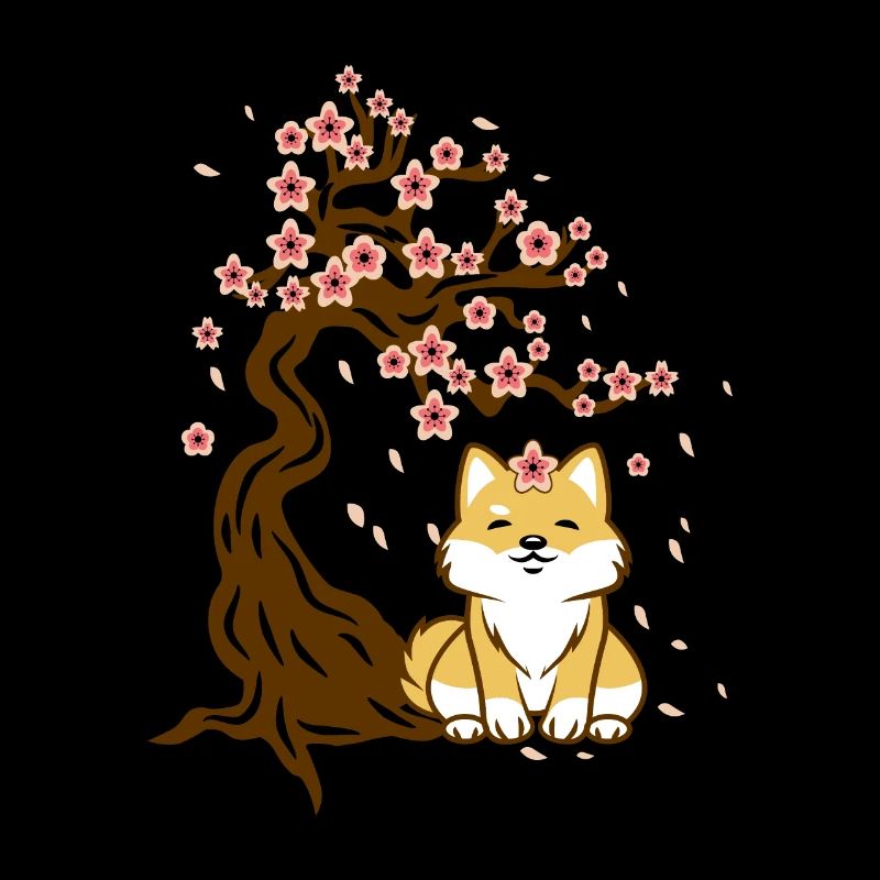 Shiba Inu under cherry blossom tree Kawaii Chibi